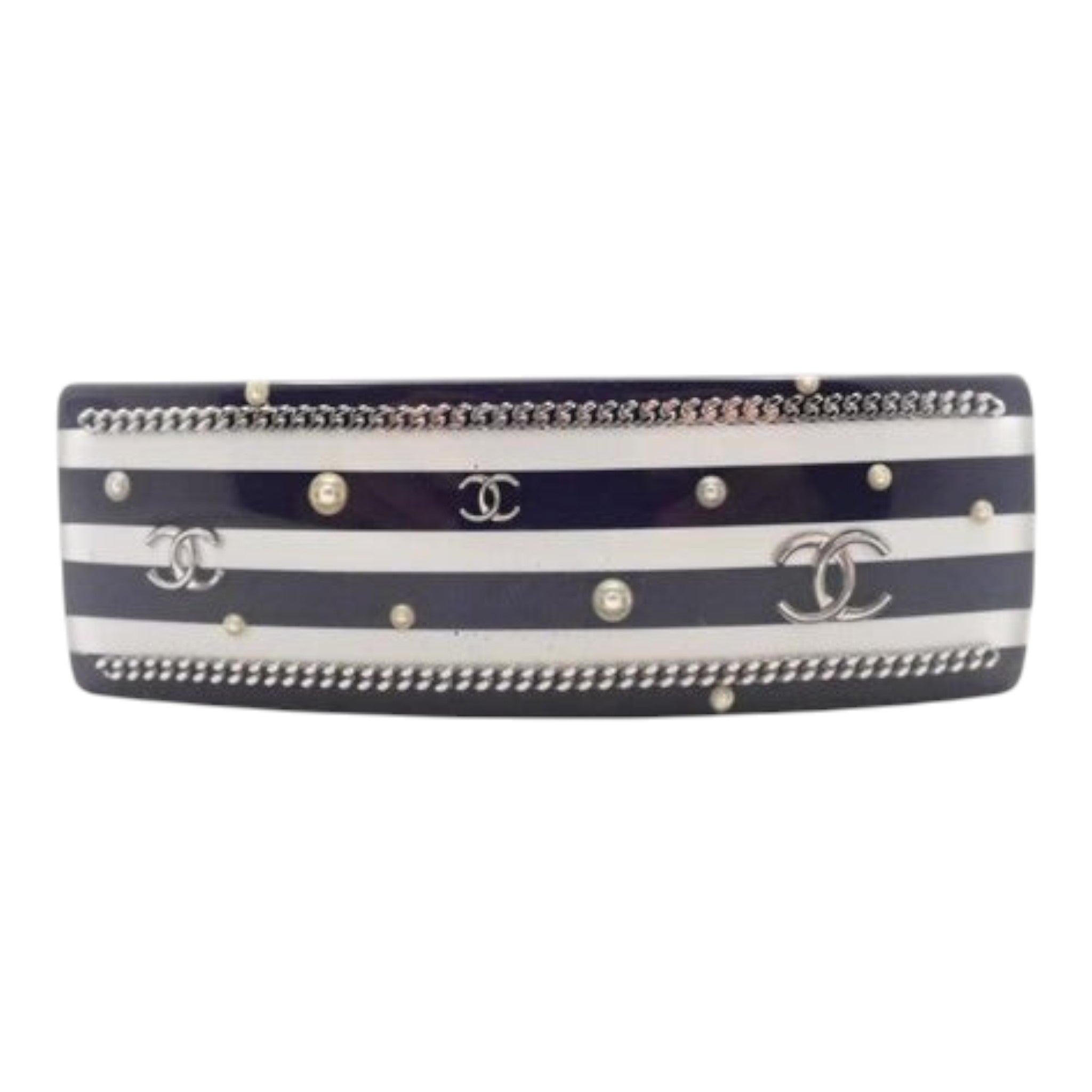 CURATED by Kira Chanel barrette in black and white stripes with silver CC logos, chain trim, and pearl accents.