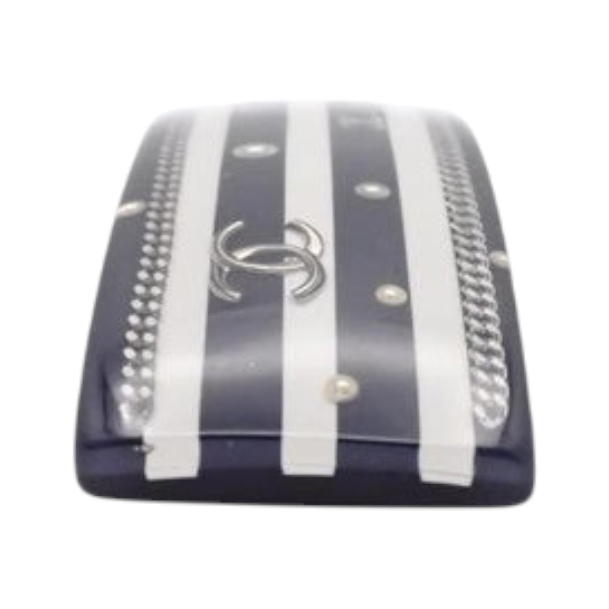 CURATED by Kira Chanel barrette in black and white striped resin with silver CC logo and pearl accents