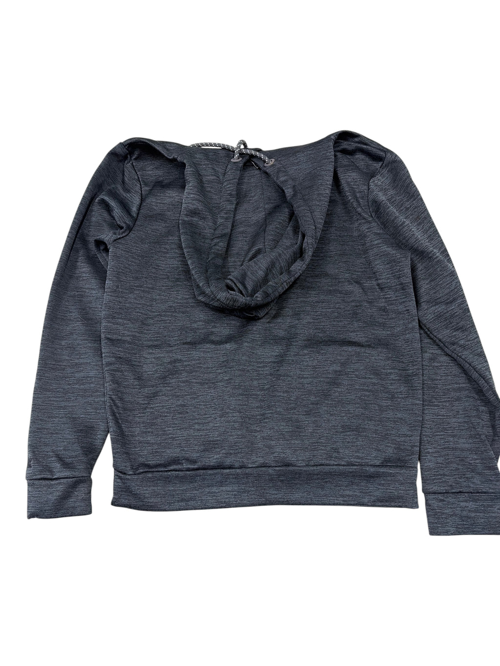 CURATED by Kira dark heather charcoal gray performance pullover hoodie, back view with hood and long sleeves