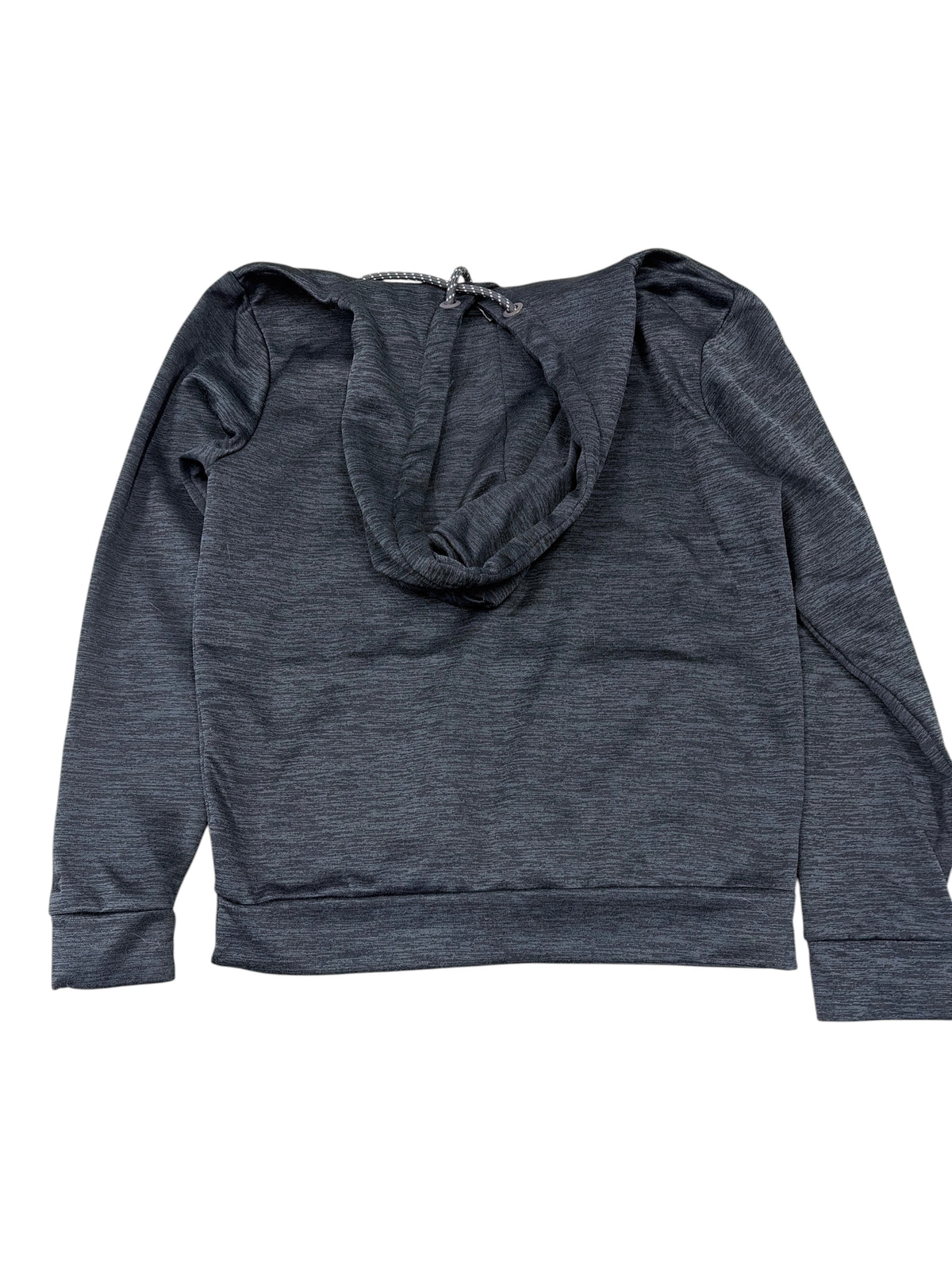 CURATED by Kira dark heather charcoal gray performance pullover hoodie, back view with hood and long sleeves
