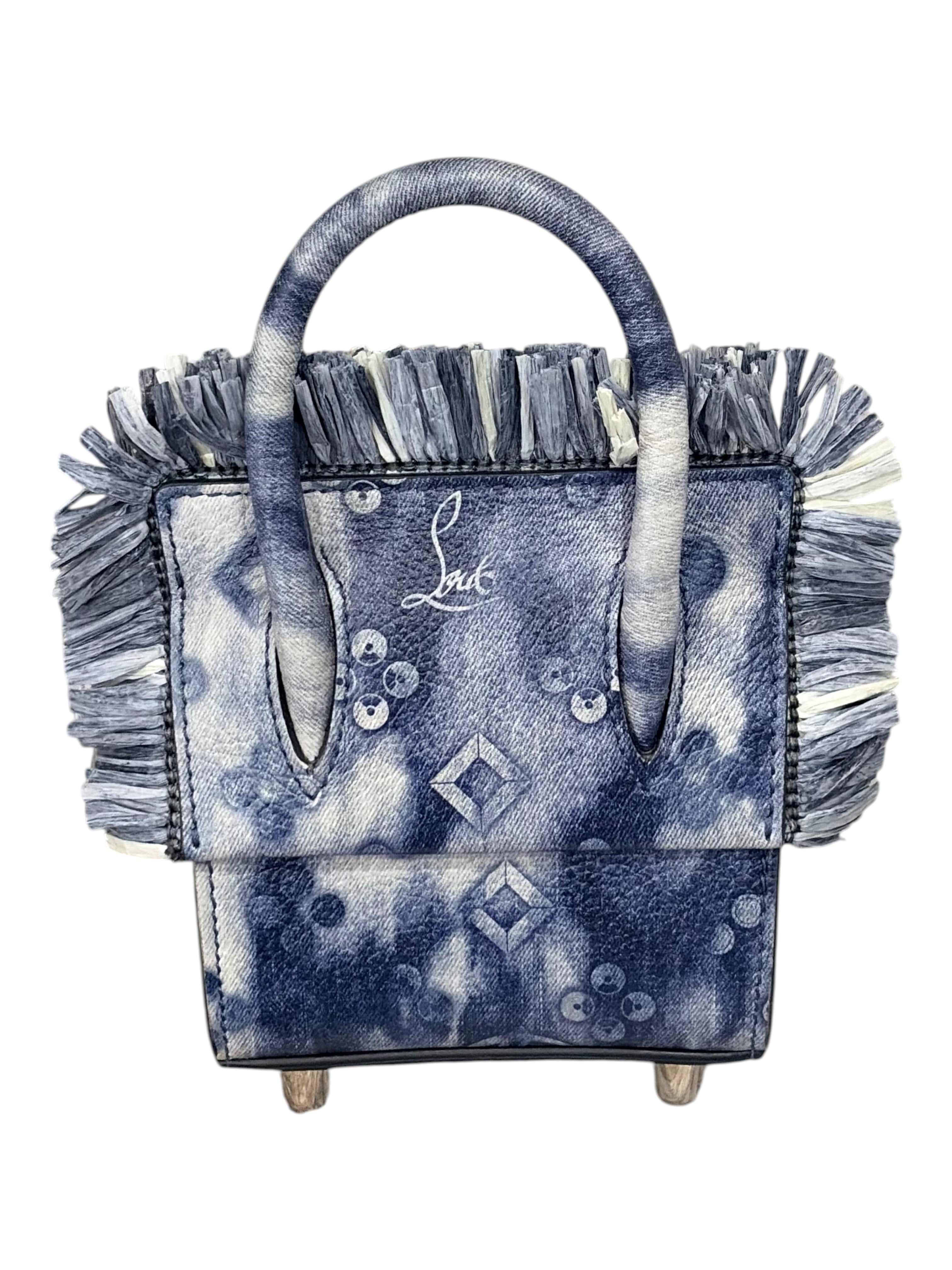 CURATED by Kira Christian Louboutin Paloma Mini handbag in blue denim and cream raffia with fringe trim