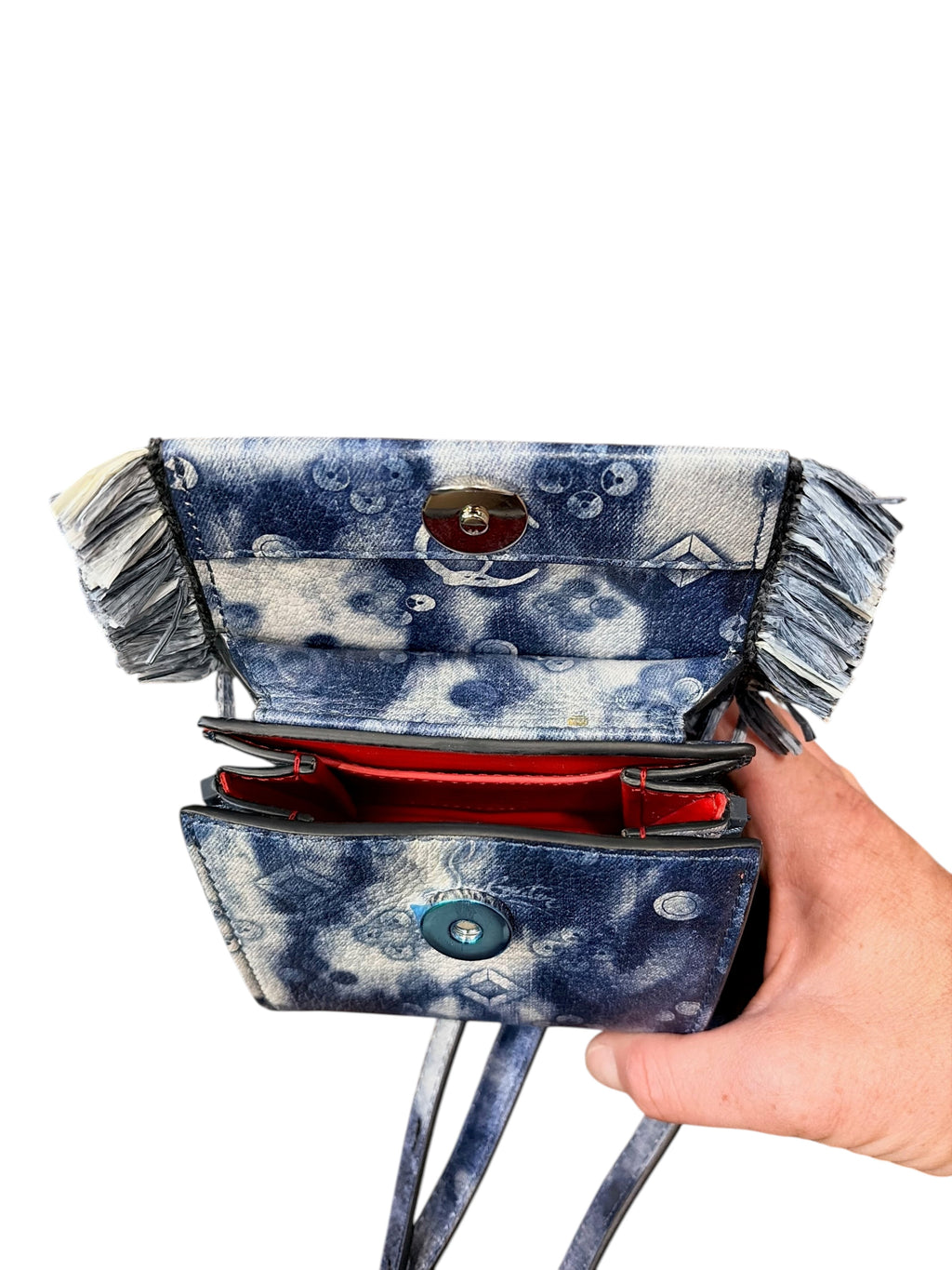 CURATED by Kira Christian Louboutin Paloma Mini handbag in blue denim and cream raffia with signature red interior