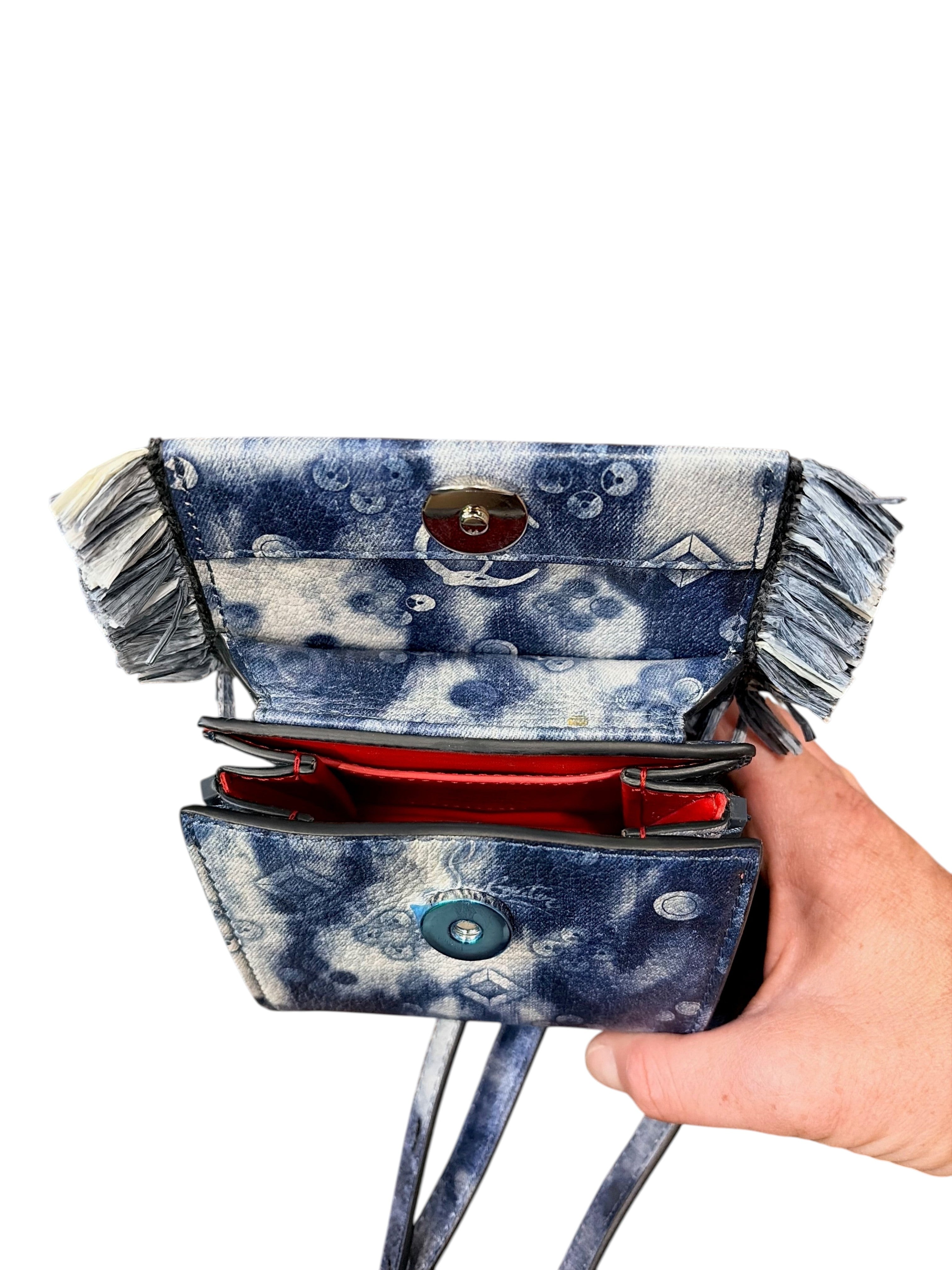 CURATED by Kira Christian Louboutin Paloma Mini handbag in blue denim and cream raffia with signature red interior