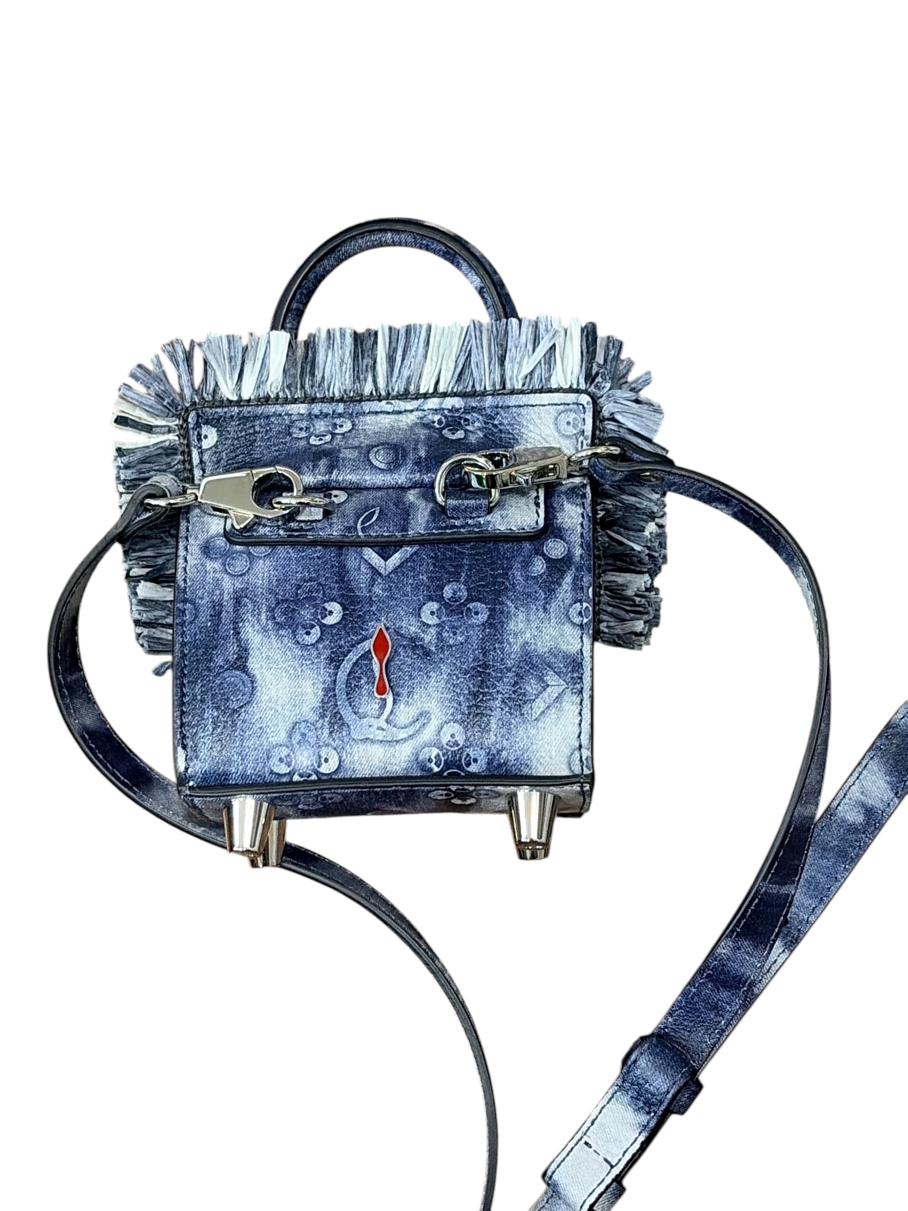 CURATED by Kira Christian Louboutin Paloma Mini handbag in blue denim and cream raffia with signature logo hardware