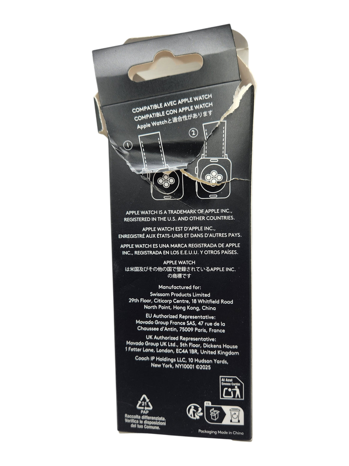 CURATED by Kira Coach Apple Watch band packaging back view with compatibility information and manufacturer details