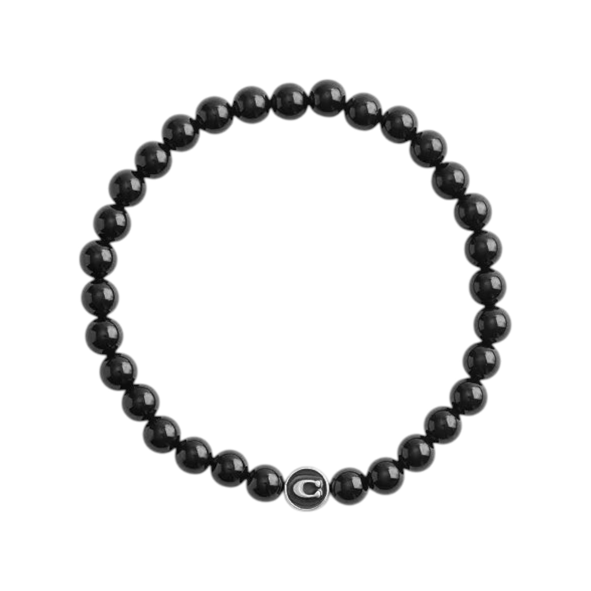 CURATED by Kira Coach men's stretch bracelet featuring polished black onyx beads and a sterling silver C logo charm.