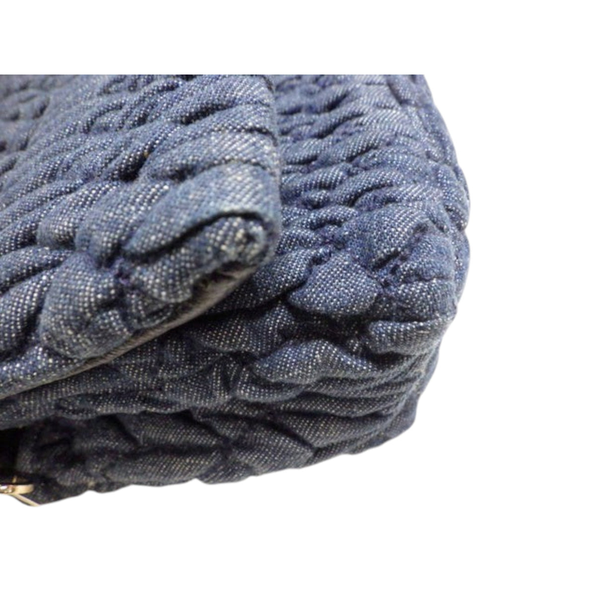 CURATED by Kira navy blue denim matelassé handbag corner detail showing quilted texture