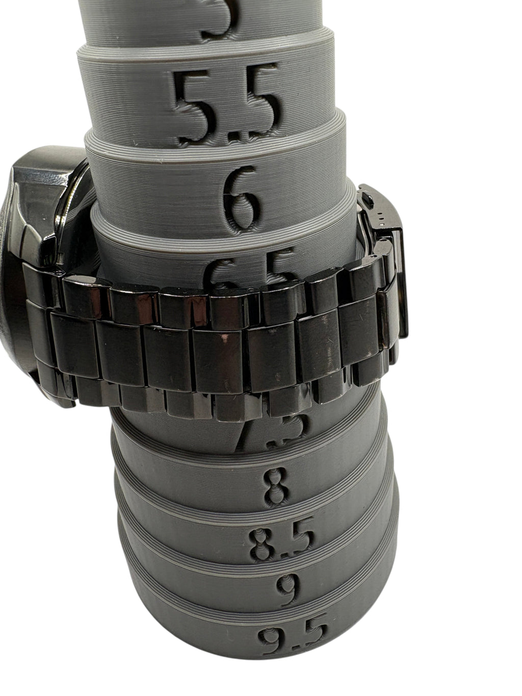 CURATED by Kira Diesel Mega Chief black ion-plated stainless steel chronograph watch on a grey ring sizer display