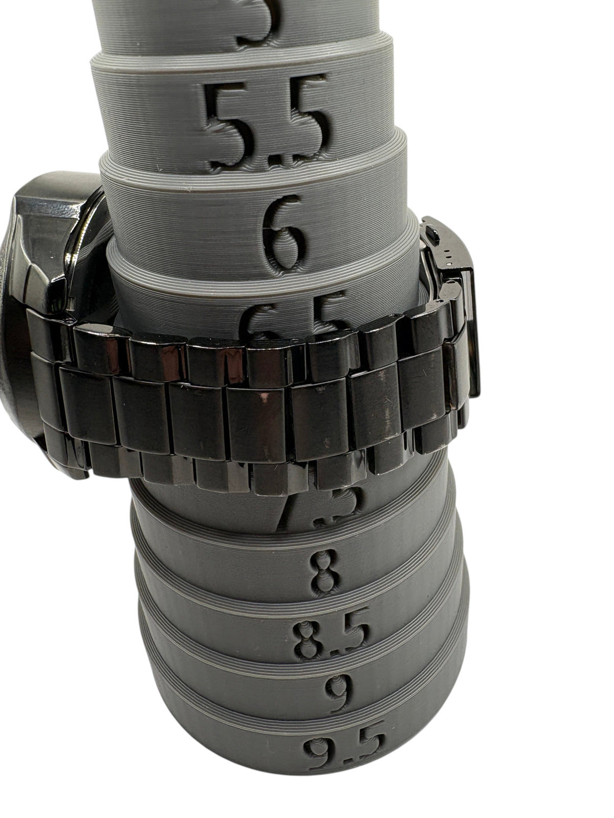 CURATED by Kira Diesel Mega Chief black ion-plated stainless steel chronograph watch on a grey ring sizer display