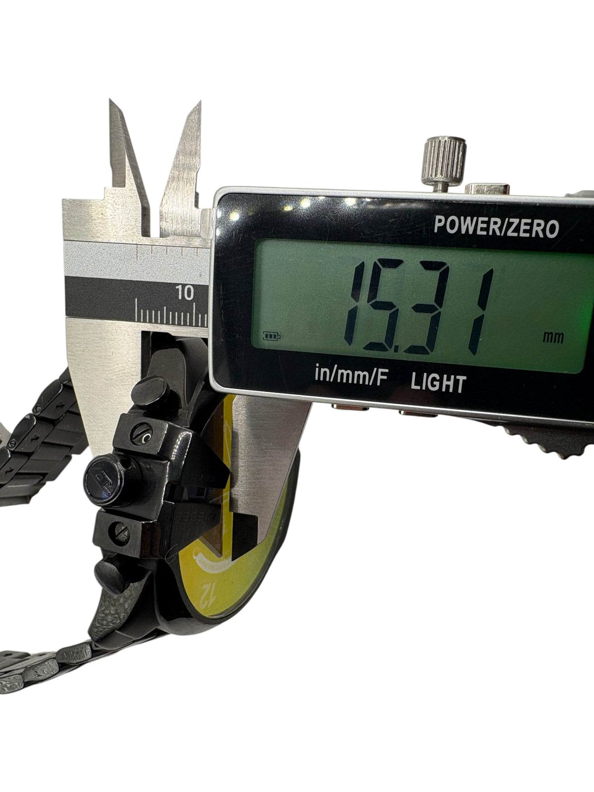 CURATED by Kira Diesel Mega Chief black ion-plated watch case thickness measured at 15.31mm with digital calipers