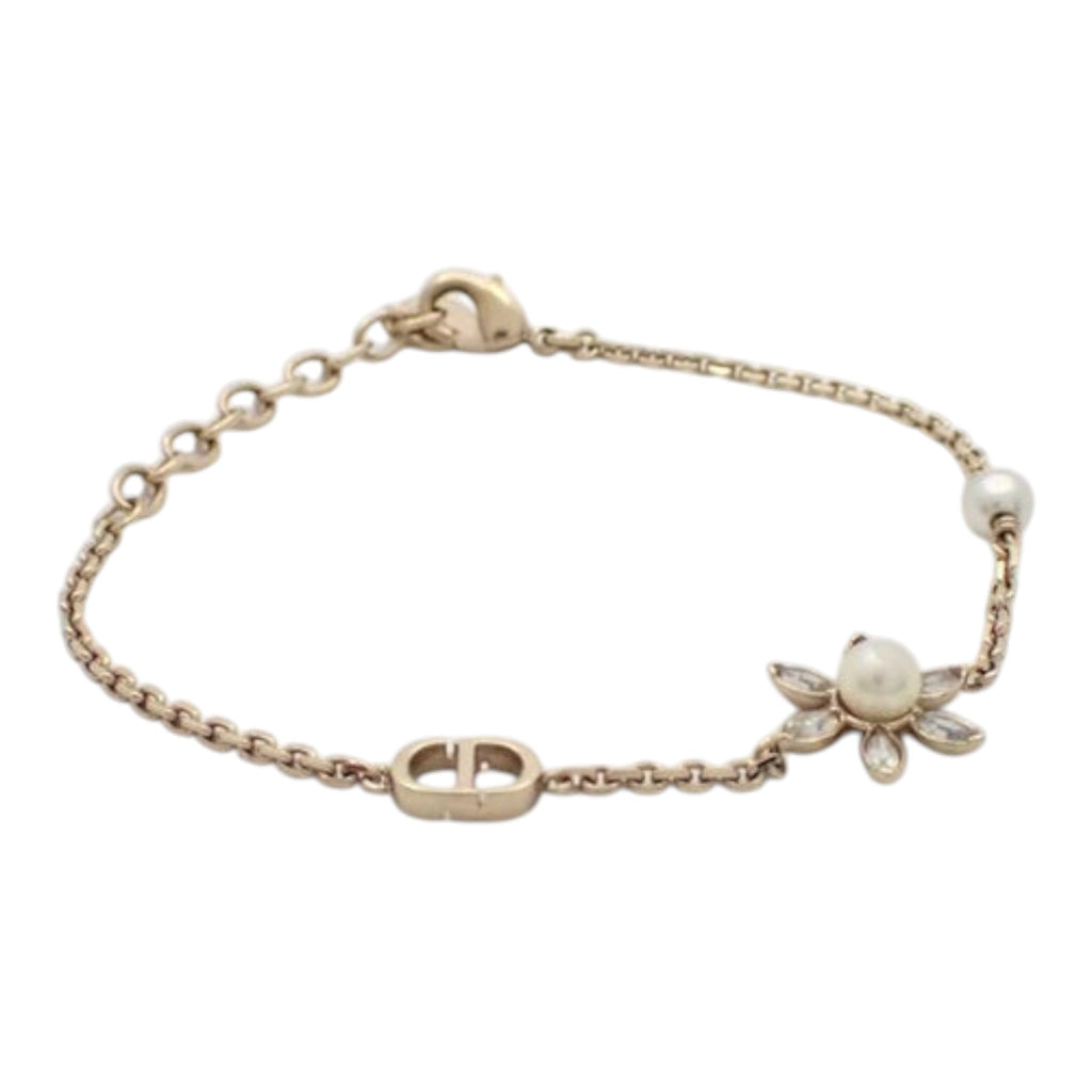 CURATED by Kira: Dior gold chain bracelet with CD logo, pearl, and crystal flower accent. Approx. 19cm.