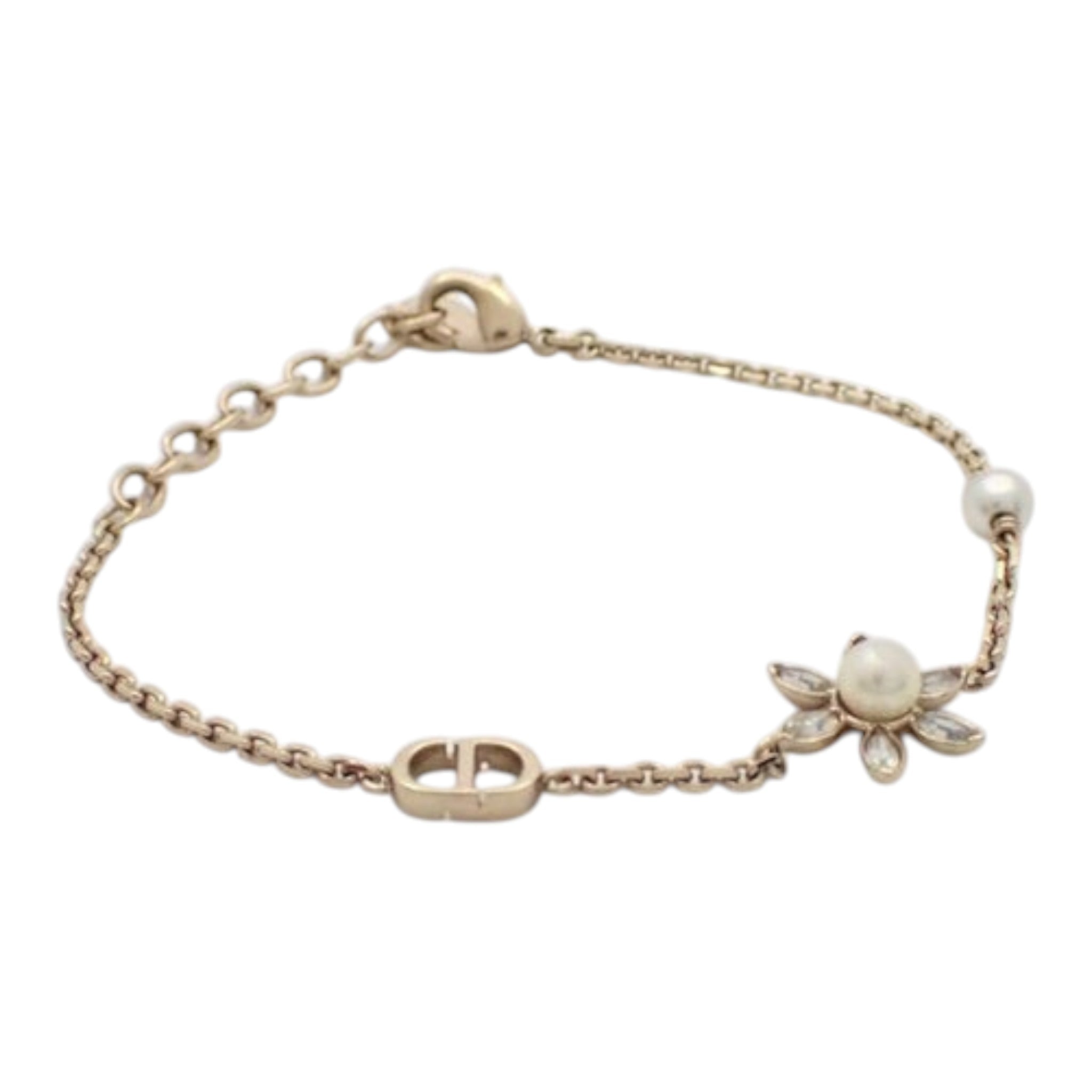 CURATED by Kira: Dior gold chain bracelet with CD logo, pearl, and crystal flower accent. Approx. 19cm.