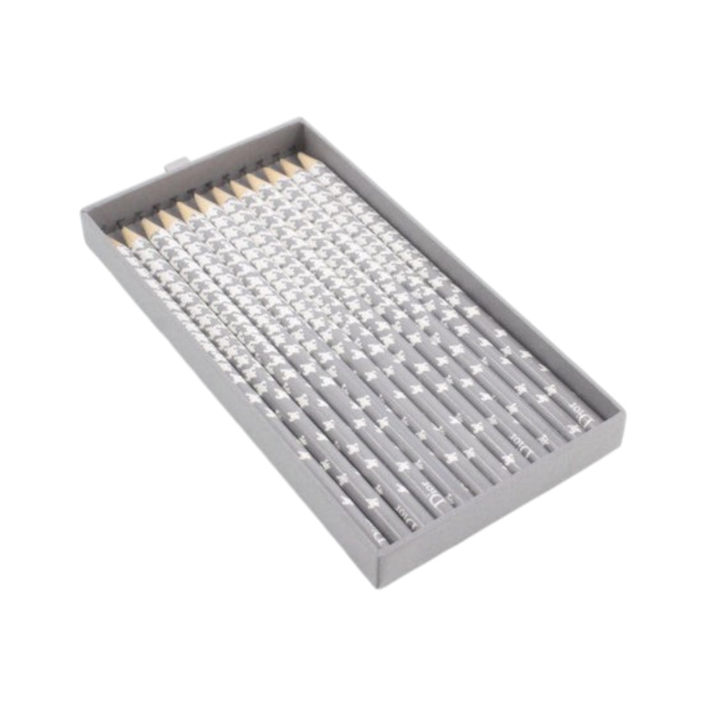 CURATED by Kira Dior grey pencil set in a matching grey presentation box featuring a white logo pattern