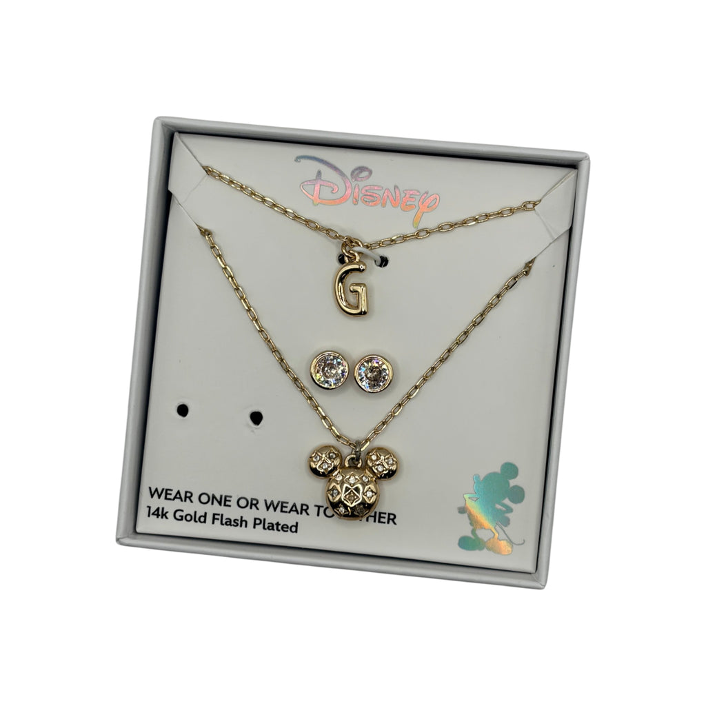 CURATED by Kira Disney Mickey Mouse gold initial pendant necklace and cubic zirconia stud earring jewelry set