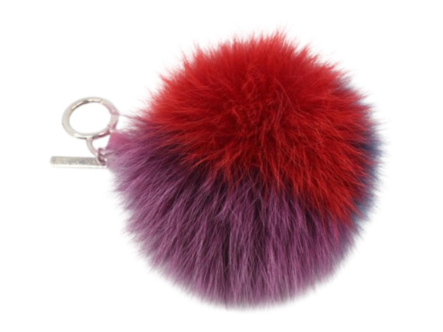 CURATED by Kira Fendi two-tone purple and red fur pom pom keychain charm with silver hardware