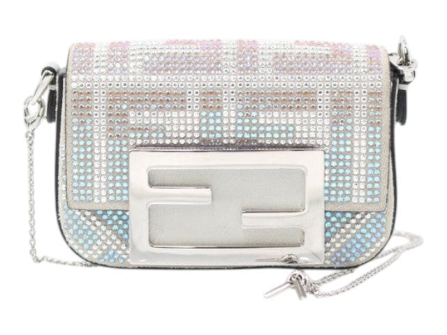 CURATED by Kira Fendi Nano Baguette bag in blue with crystal embellishments and silver-tone FF logo hardware