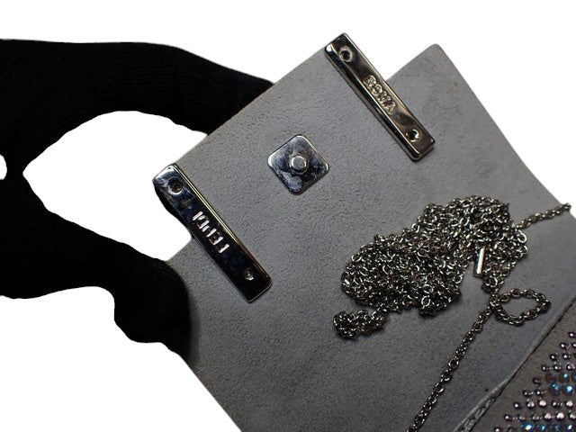 CURATED by Kira Fendi Nano Baguette interior view showing silver hardware and chain strap on blue suede lining