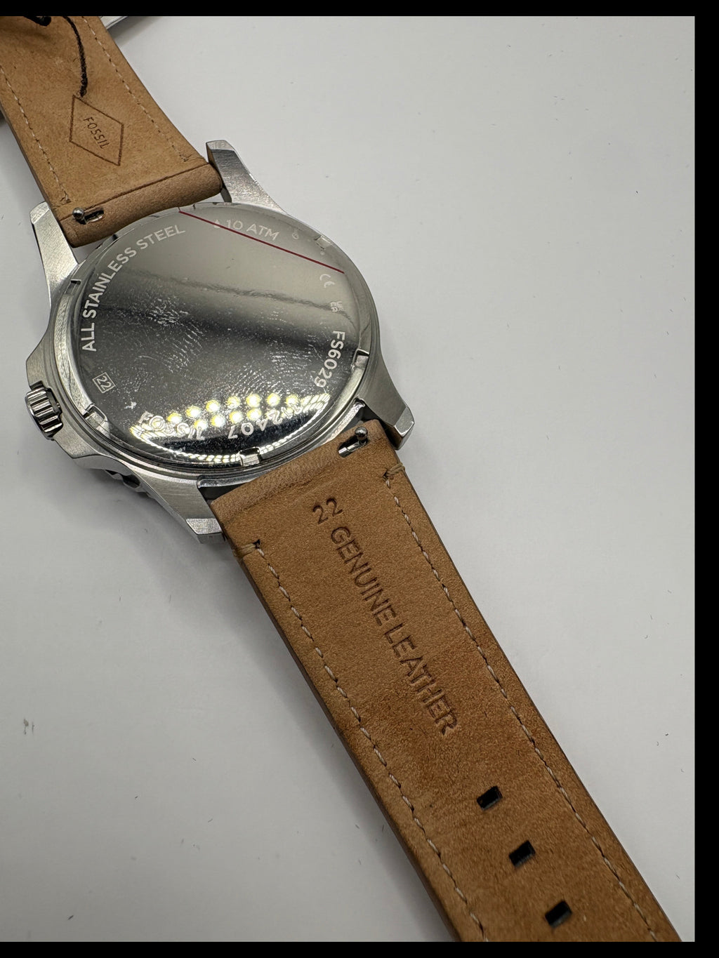 CURATED by Kira Fossil Blue dive watch case back with tan genuine leather strap and stainless steel casing