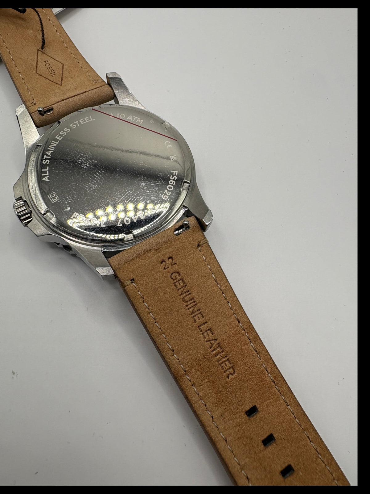CURATED by Kira Fossil Blue dive watch case back with tan genuine leather strap and stainless steel casing