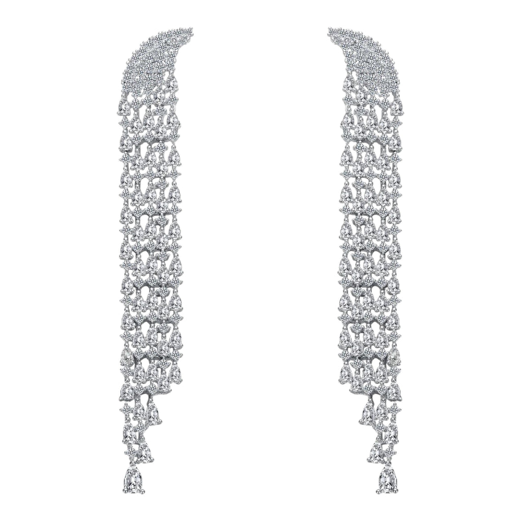 CURATED by Kira Genevive La Scène silver waterfall dangle earrings featuring intricate crystal pavé detailing.