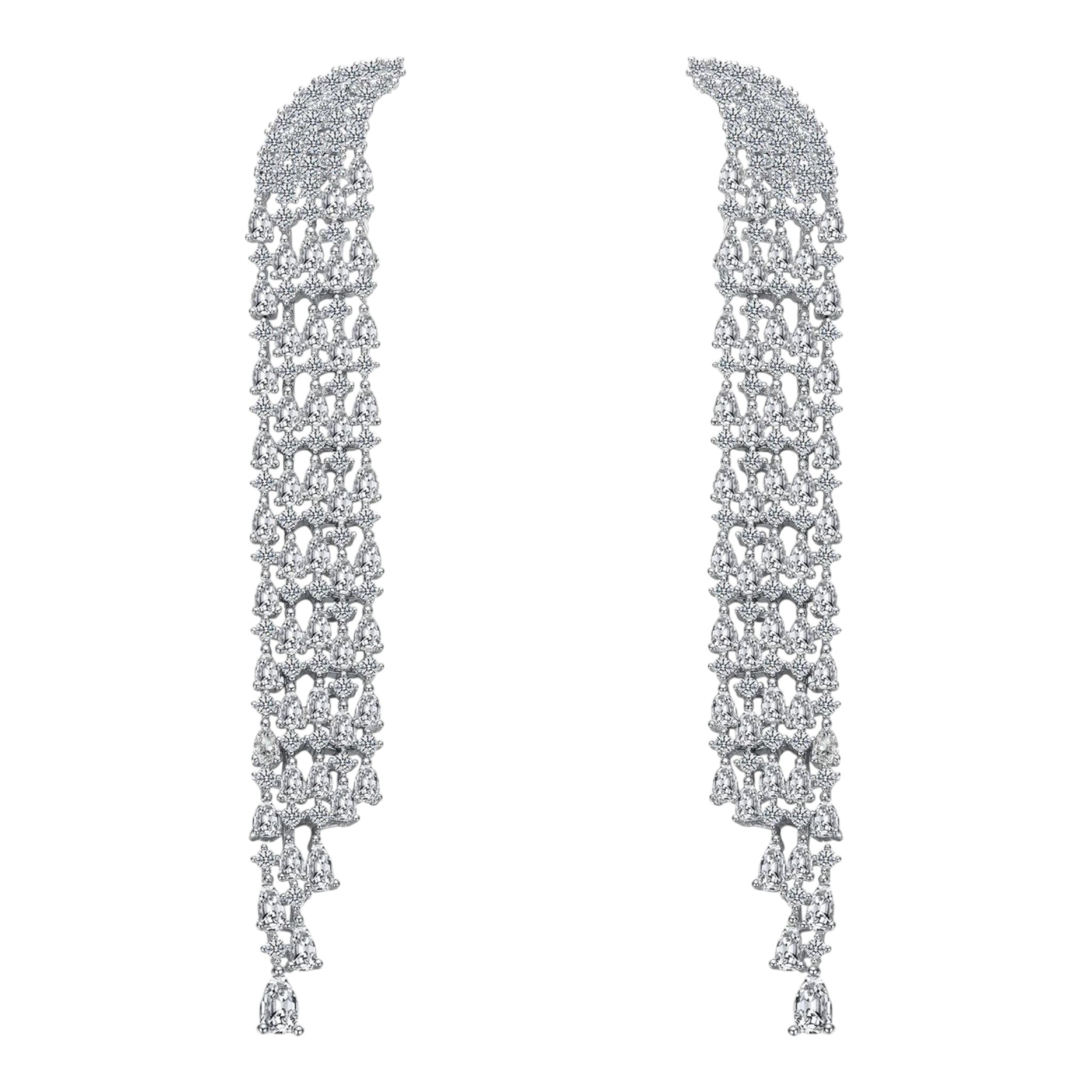 CURATED by Kira Genevive La Scène silver waterfall dangle earrings featuring intricate crystal pavé detailing.