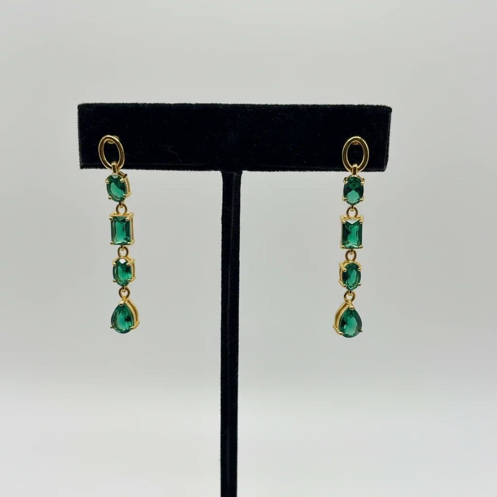 CURATED by Kira R. H. Macy's Fine Jewelry green quartz drop earrings in 14K gold vermeil on a black display stand.