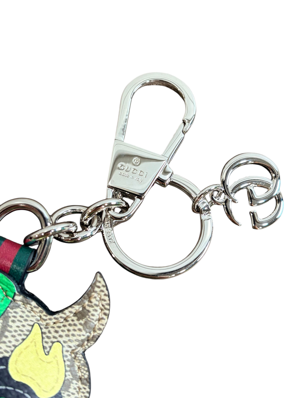 CURATED by Kira Gucci Besties keychain bag charm featuring silver hardware and multicolor GG coated canvas