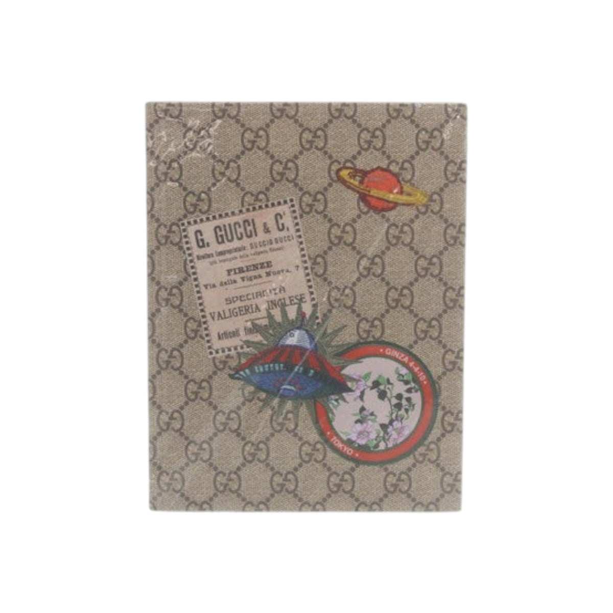 CURATED by Kira Gucci Interlocking Pieces brown monogram canvas accessory with vintage-style space and floral patches