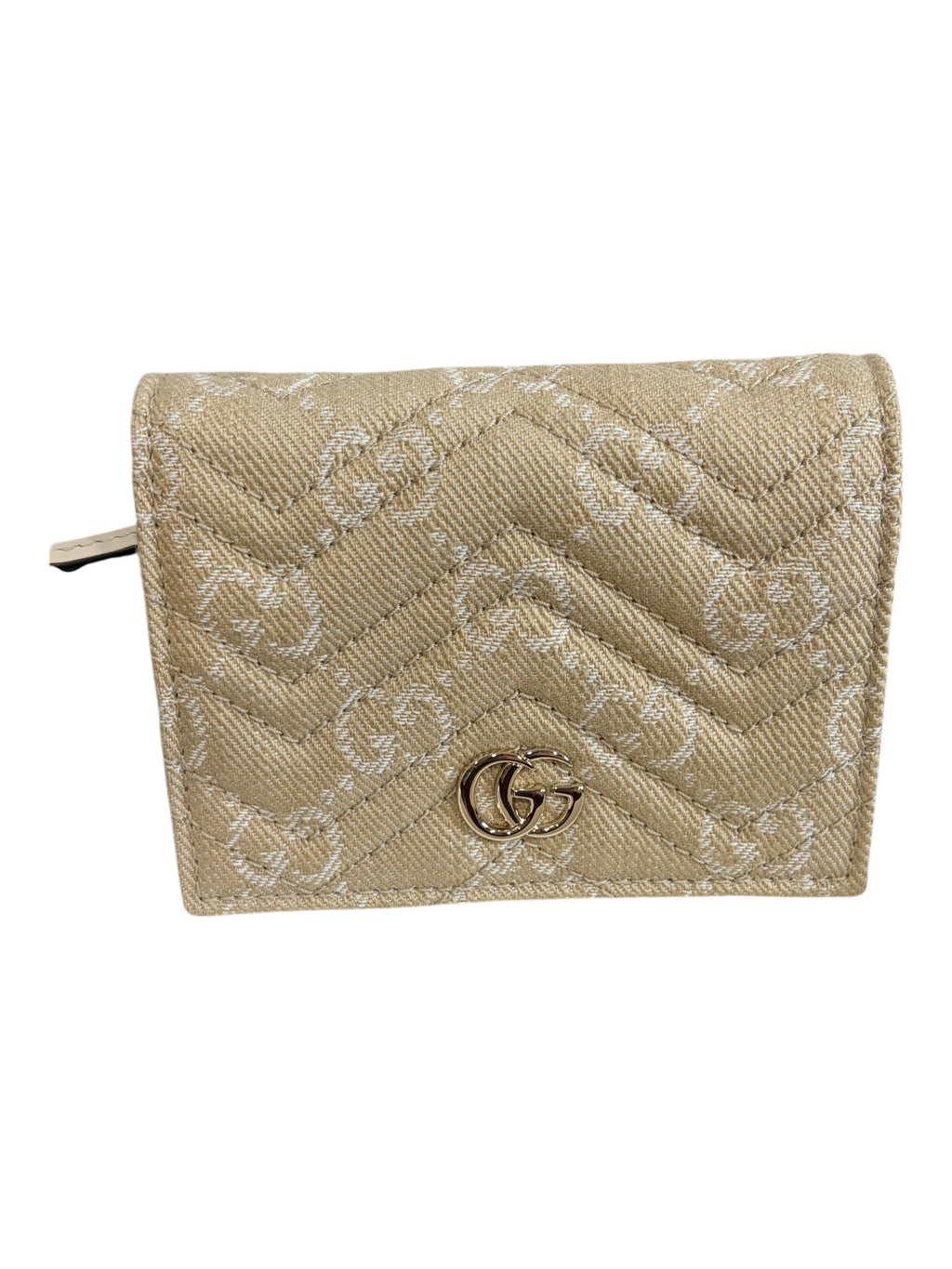 CURATED by Kira neutral Gucci GG Marmont denim wallet with matelassé chevron pattern and gold-toned double G plaque.