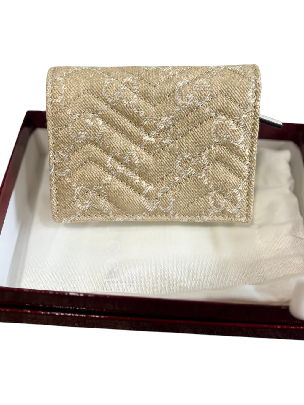 CURATED by Kira neutral Gucci GG Marmont denim wallet with chevron matelassé and gold-toned hardware in box