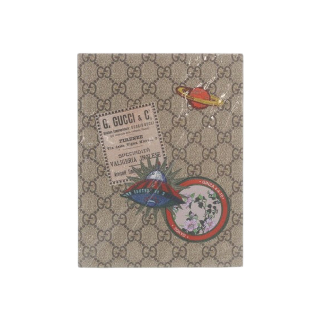 CURATED by Kira Gucci brown monogram canvas notebook featuring vintage-inspired space and floral patches