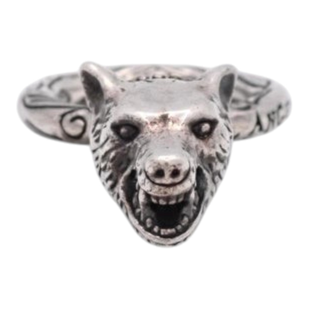 CURATED by Kira Gucci Anger Forest wolf head ring in 925 sterling silver with detailed snarling wolf design