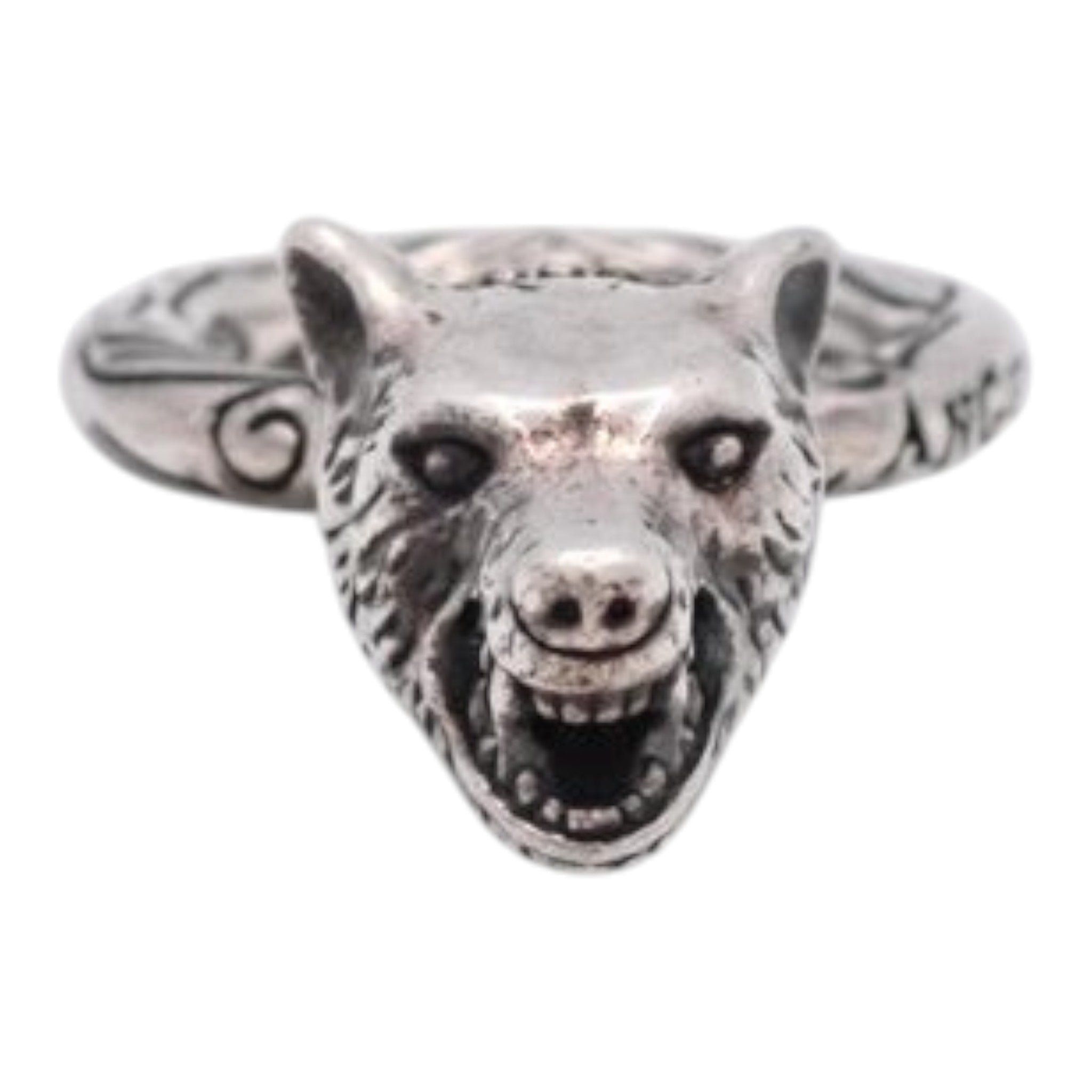 CURATED by Kira Gucci Anger Forest wolf head ring in 925 sterling silver with detailed snarling wolf design