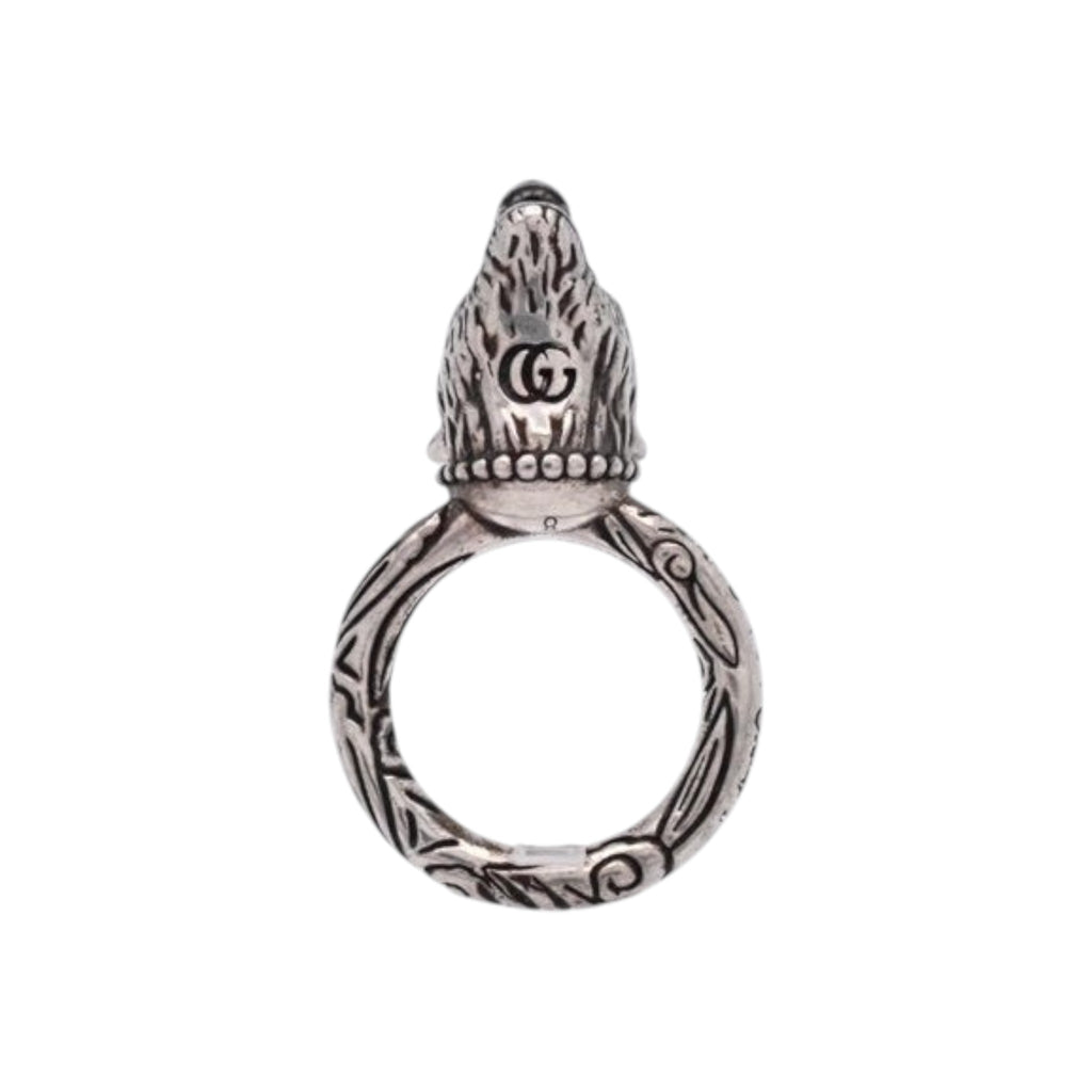CURATED by Kira Gucci Anger Forest wolf head ring in 925 sterling silver with intricate engraved detailing