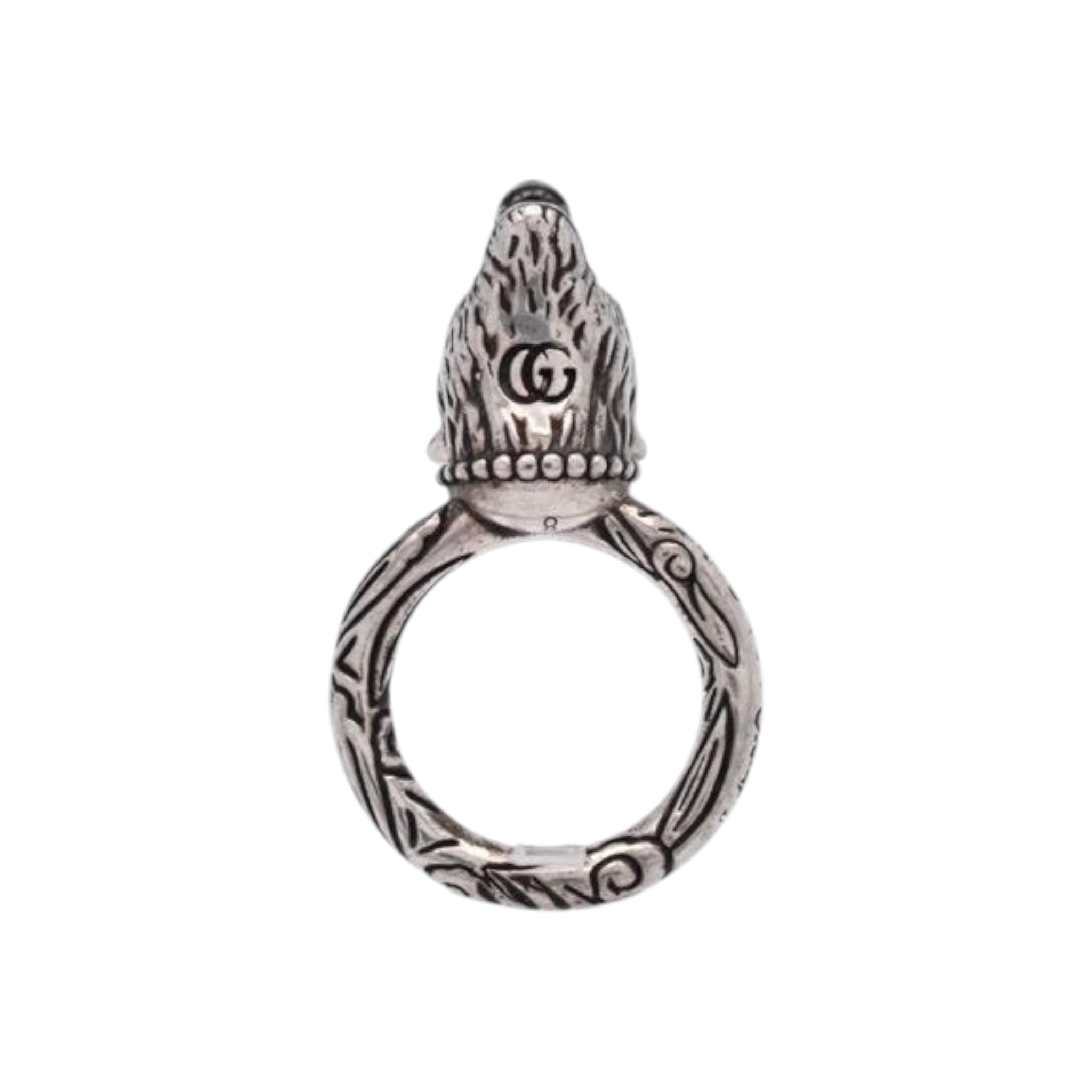 CURATED by Kira Gucci Anger Forest wolf head ring in 925 sterling silver with intricate engraved detailing
