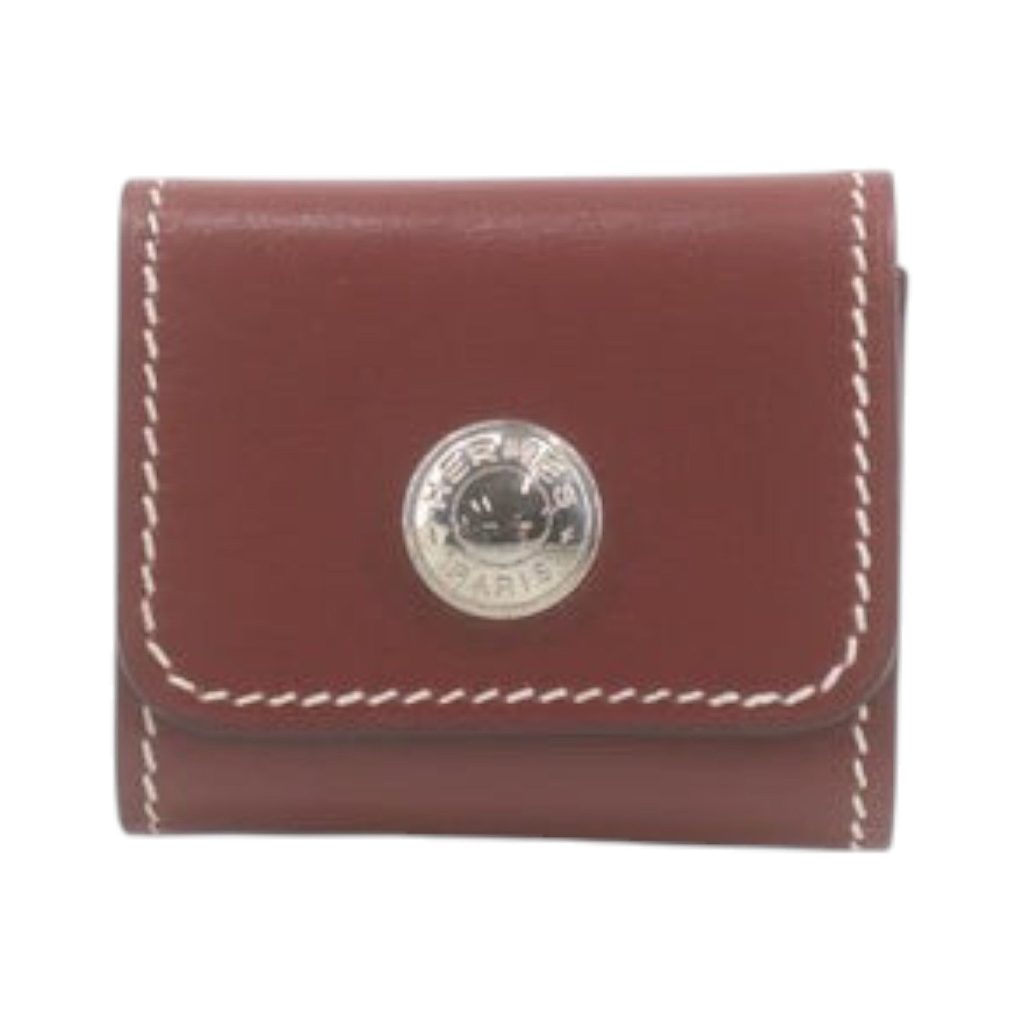 CURATED by Kira Hermes maroon leather notepad with silver button detail and white contrast stitching