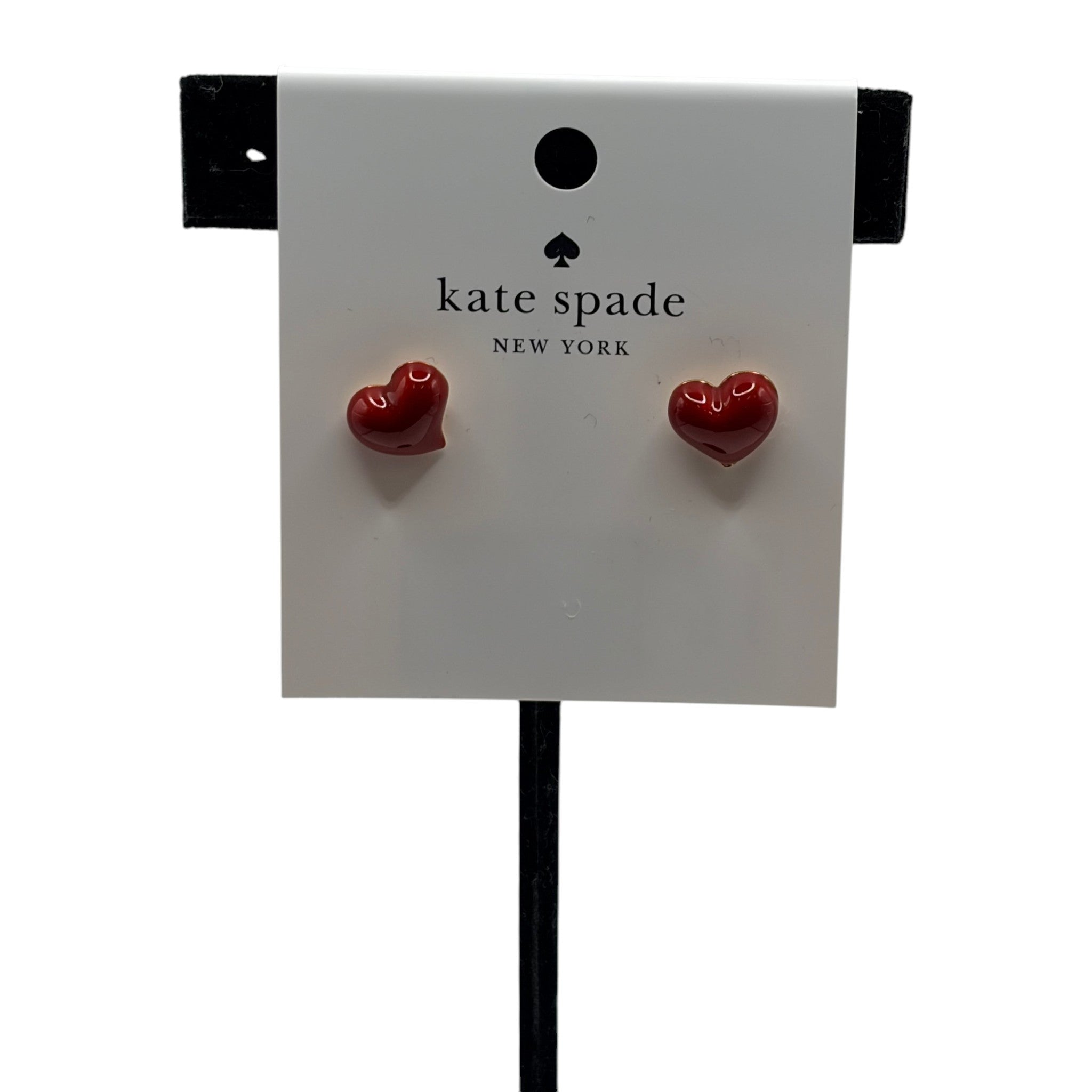 CURATED by Kira Kate Spade New York heart stud earrings in red enamel with gold tone finish on display card