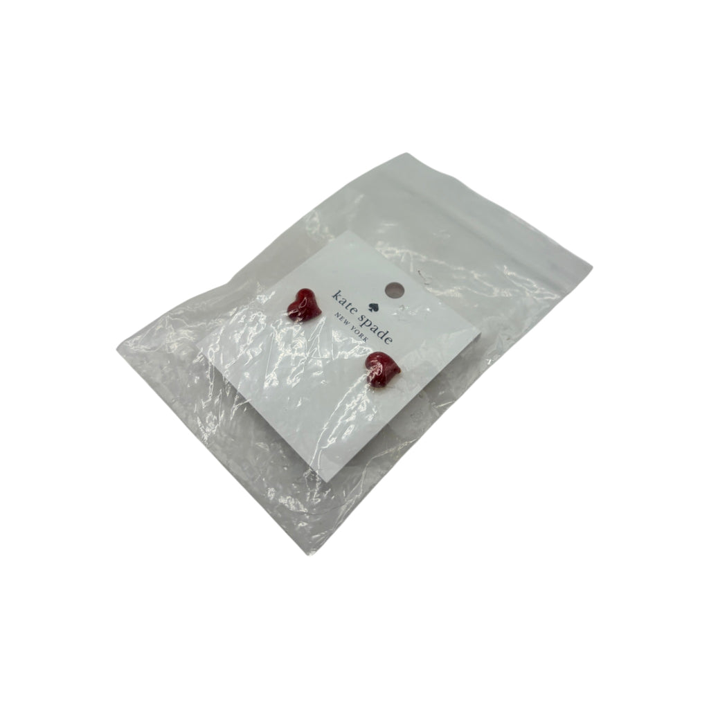 CURATED by Kira Kate Spade New York heart stud earrings in red enamel with gold tone finish in original packaging.