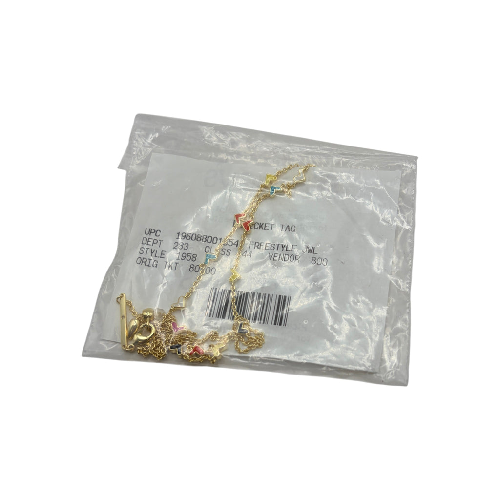 CURATED by Kira Kendra Scott Haven gold chain necklace featuring colorful enamel heart charms in original packaging.