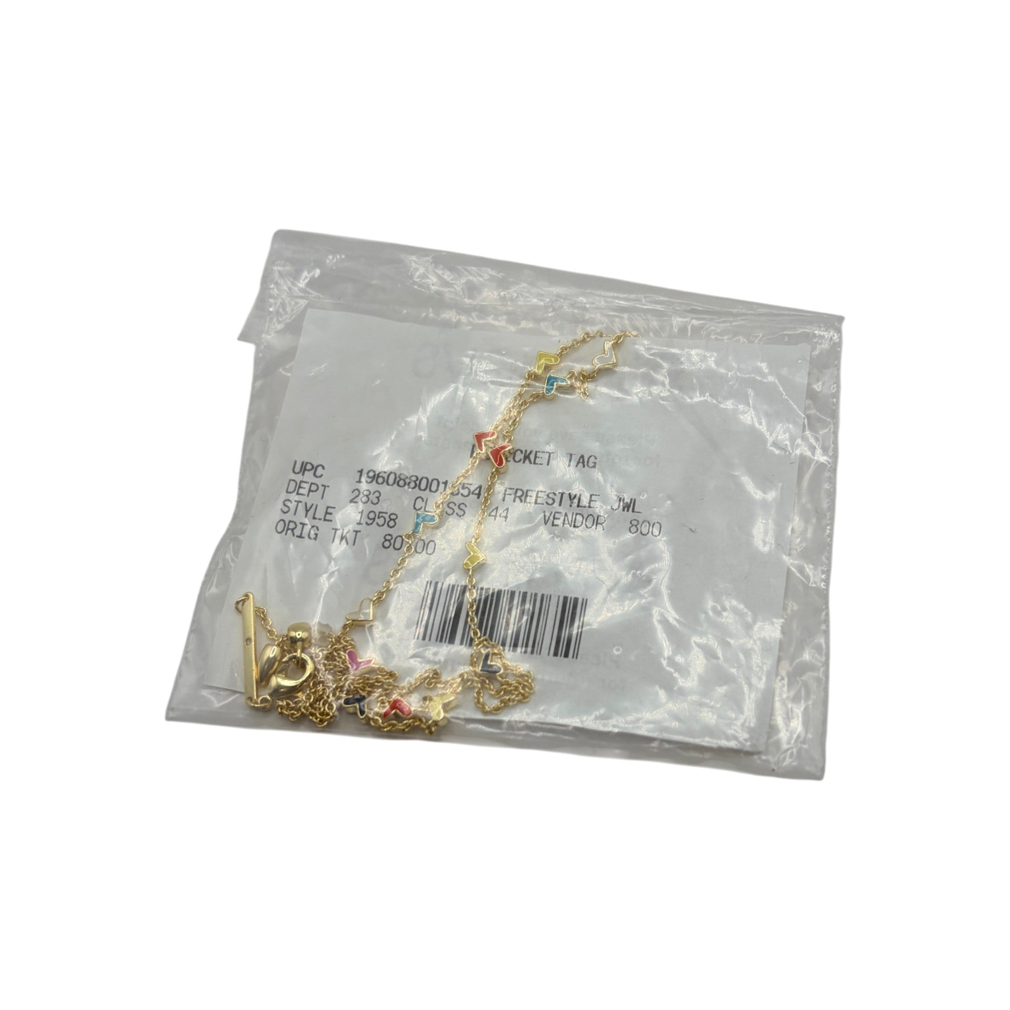 CURATED by Kira Kendra Scott Haven gold chain necklace featuring colorful enamel heart charms in original packaging.