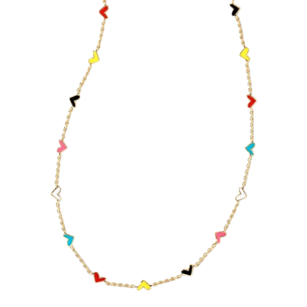 CURATED by Kira Kendra Scott Haven heart strand necklace featuring a gold chain with multicolor enamel heart charms.