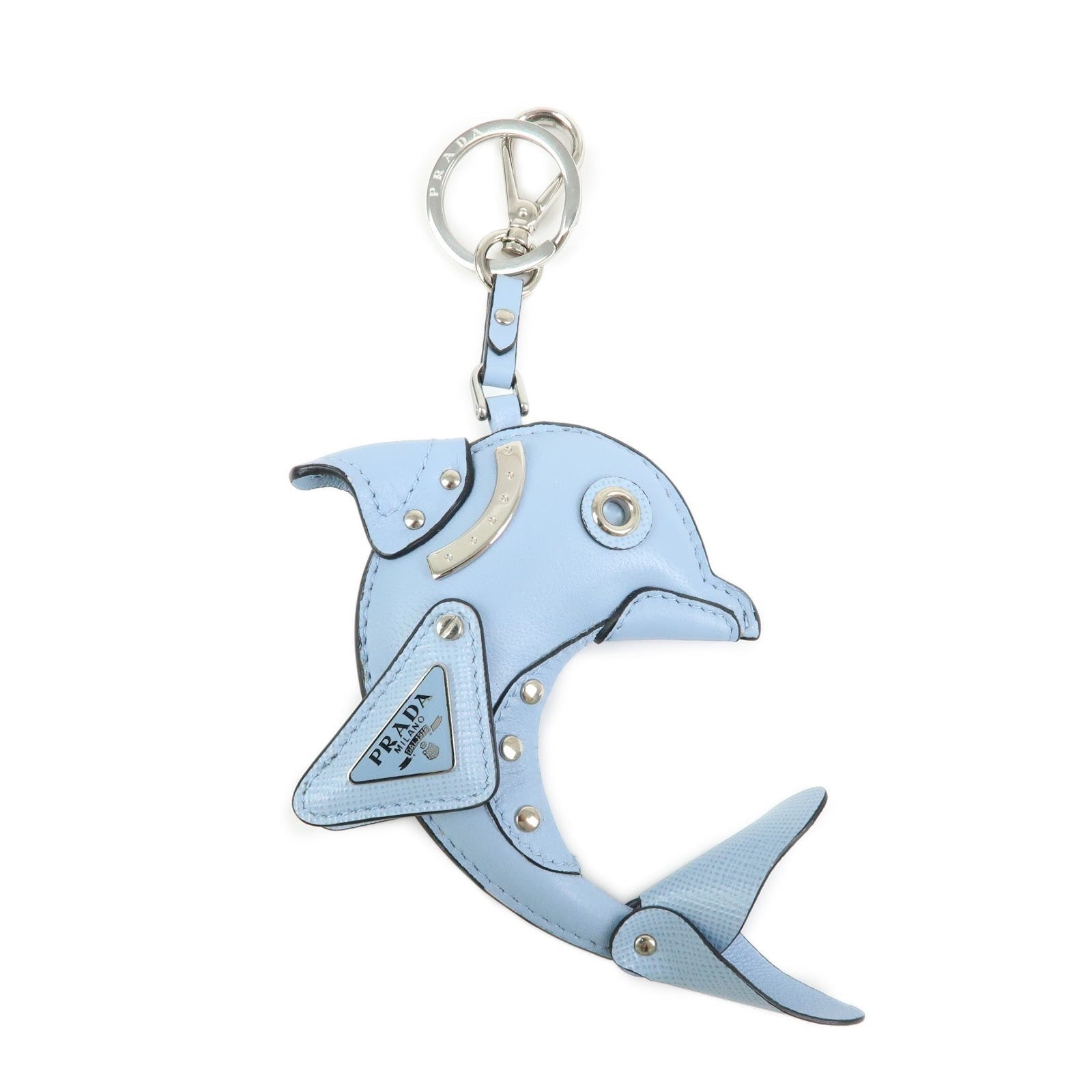 CURATED by Kira light blue Saffiano leather dolphin charm with Prada triangle logo and silver hardware.
