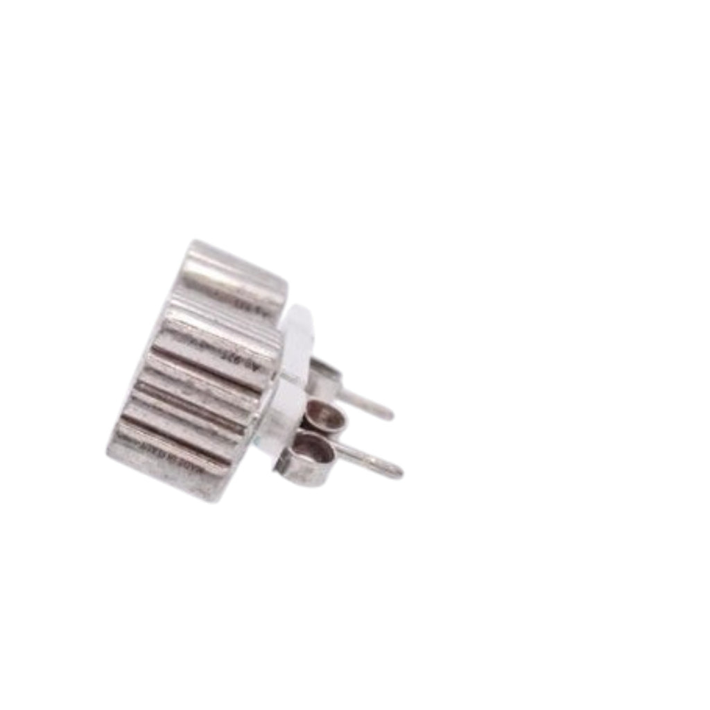 CURATED by Kira silver Loewe Anagram stud earring side view showing post and hallmark