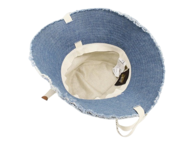 CURATED by Kira Loewe denim bucket hat in blue with a frayed edge and cream interior lining, size medium 59cm.