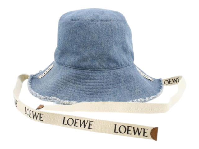 CURATED by Kira Loewe denim blue bucket hat with frayed edges and branded cream ribbon ties