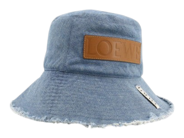 CURATED by Kira Loewe denim bucket hat in blue with a tan leather logo patch and frayed brim detail