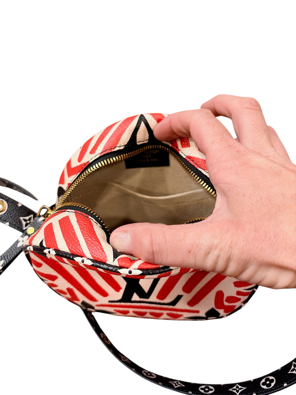 CURATED by Kira Louis Vuitton Boite Chapeau handbag in red and cream LV Crafty monogram canvas with gold hardware