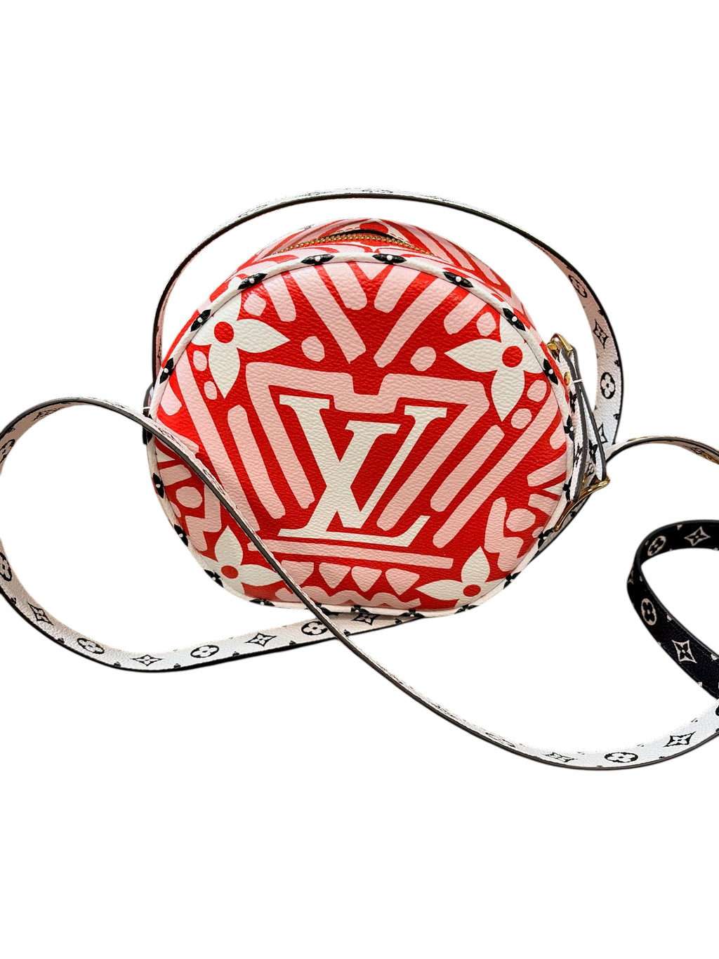 CURATED by Kira Louis Vuitton Boite Chapeau handbag in red and pink Crafty Monogram coated canvas with gold hardware.