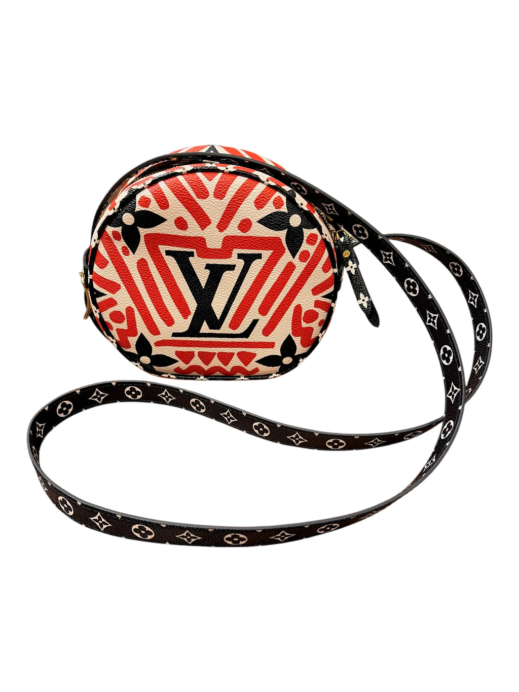 CURATED by Kira Louis Vuitton Boite Chapeau handbag in cream canvas with red geometric motifs and black monogram strap