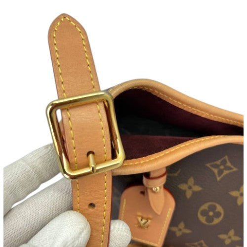 CURATED by Kira Louis Vuitton Carryall PM brown monogram canvas bag with tan leather strap and gold buckle detail